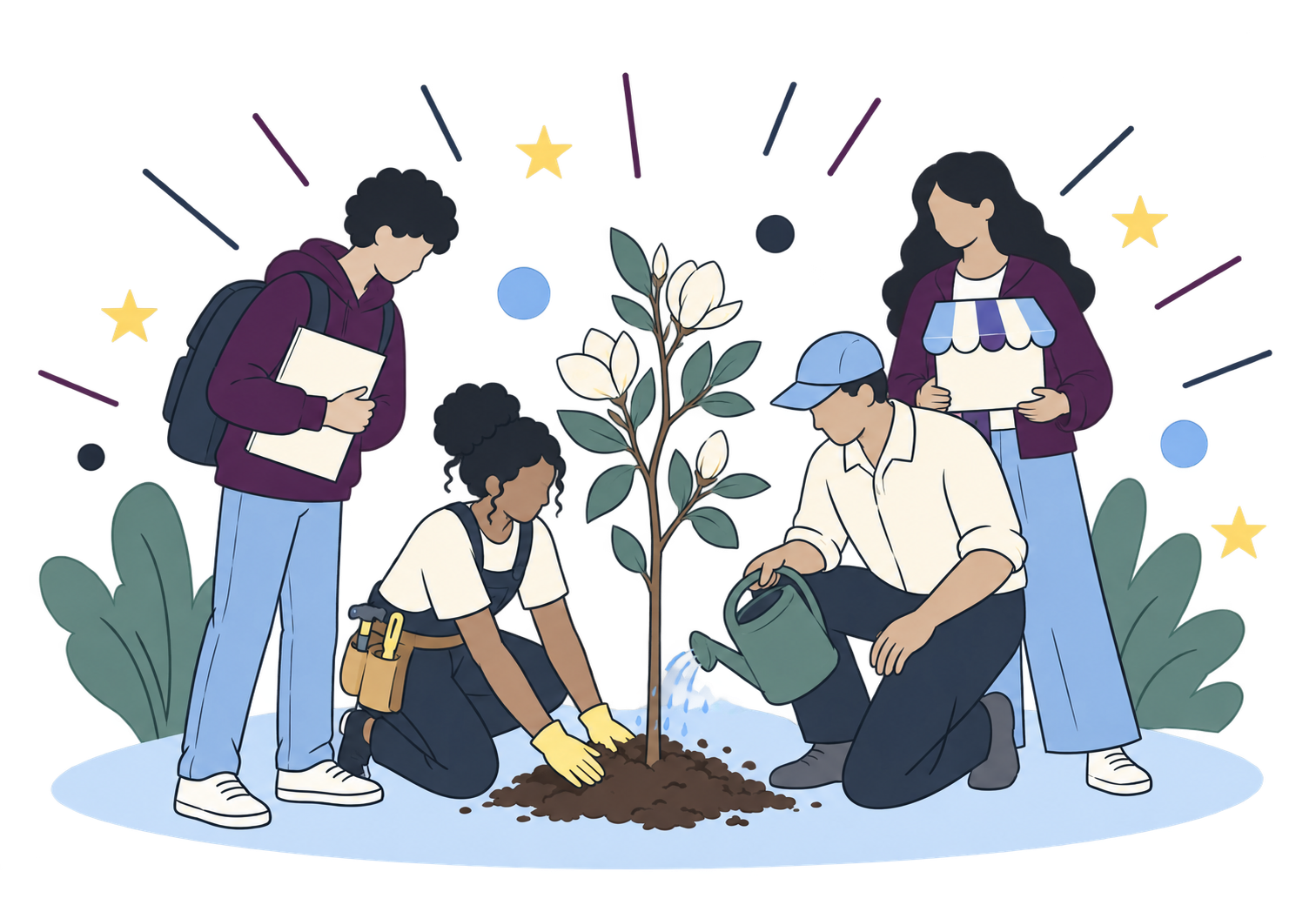 Community members gathering around a growing tree, representing local investment