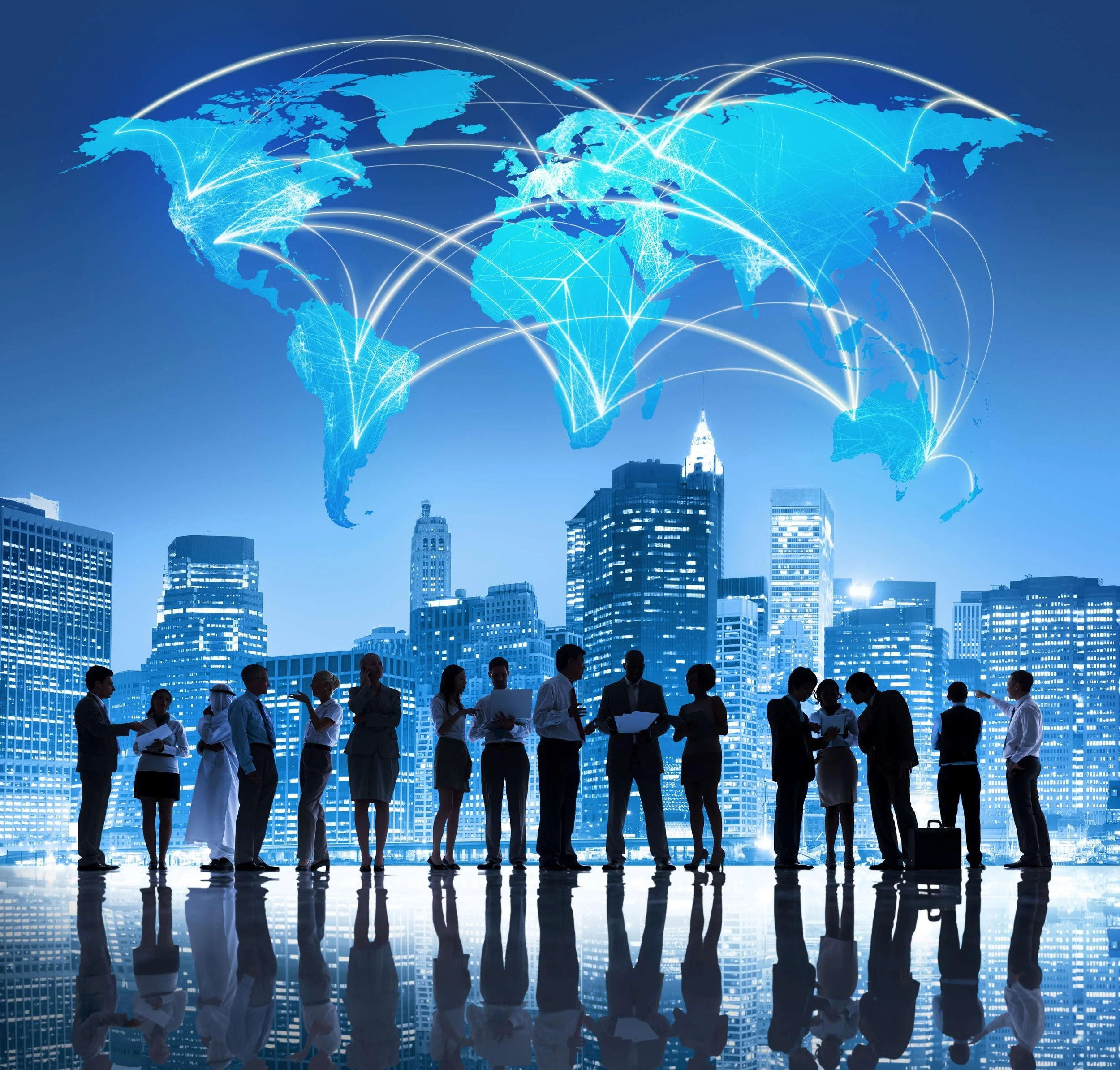 Businesspeople in a conference room with a city skyline and a digital world map projected on the wall.