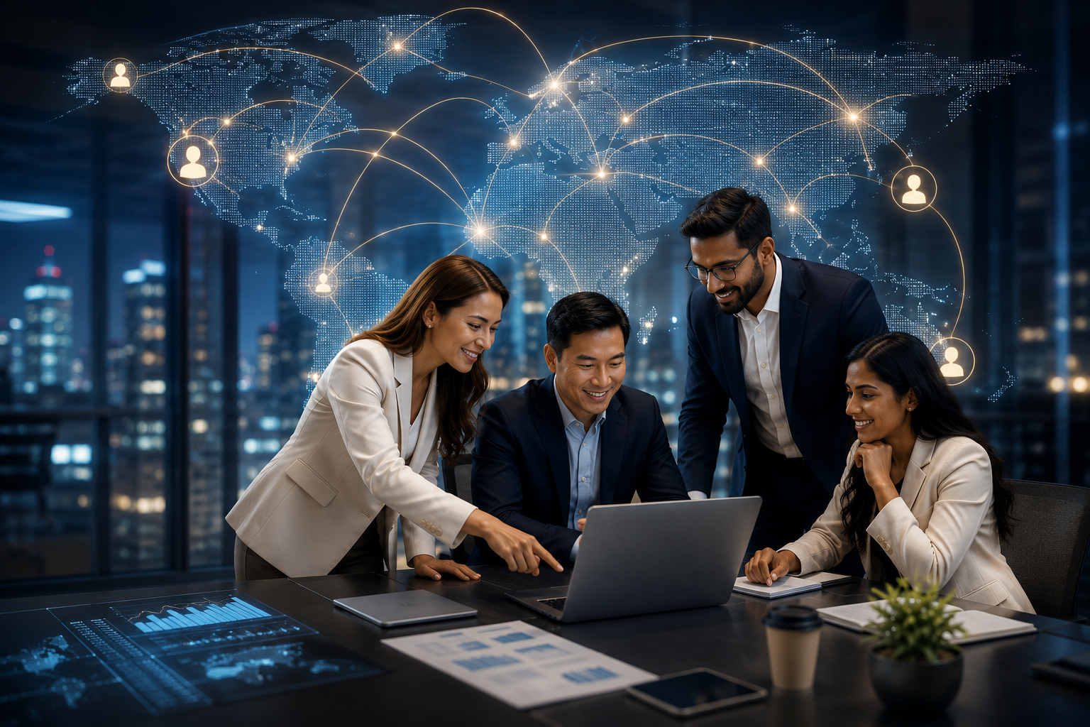 Group of diverse business professionals working together around a laptop in a modern office with a digital world map and connected icons in the background.
