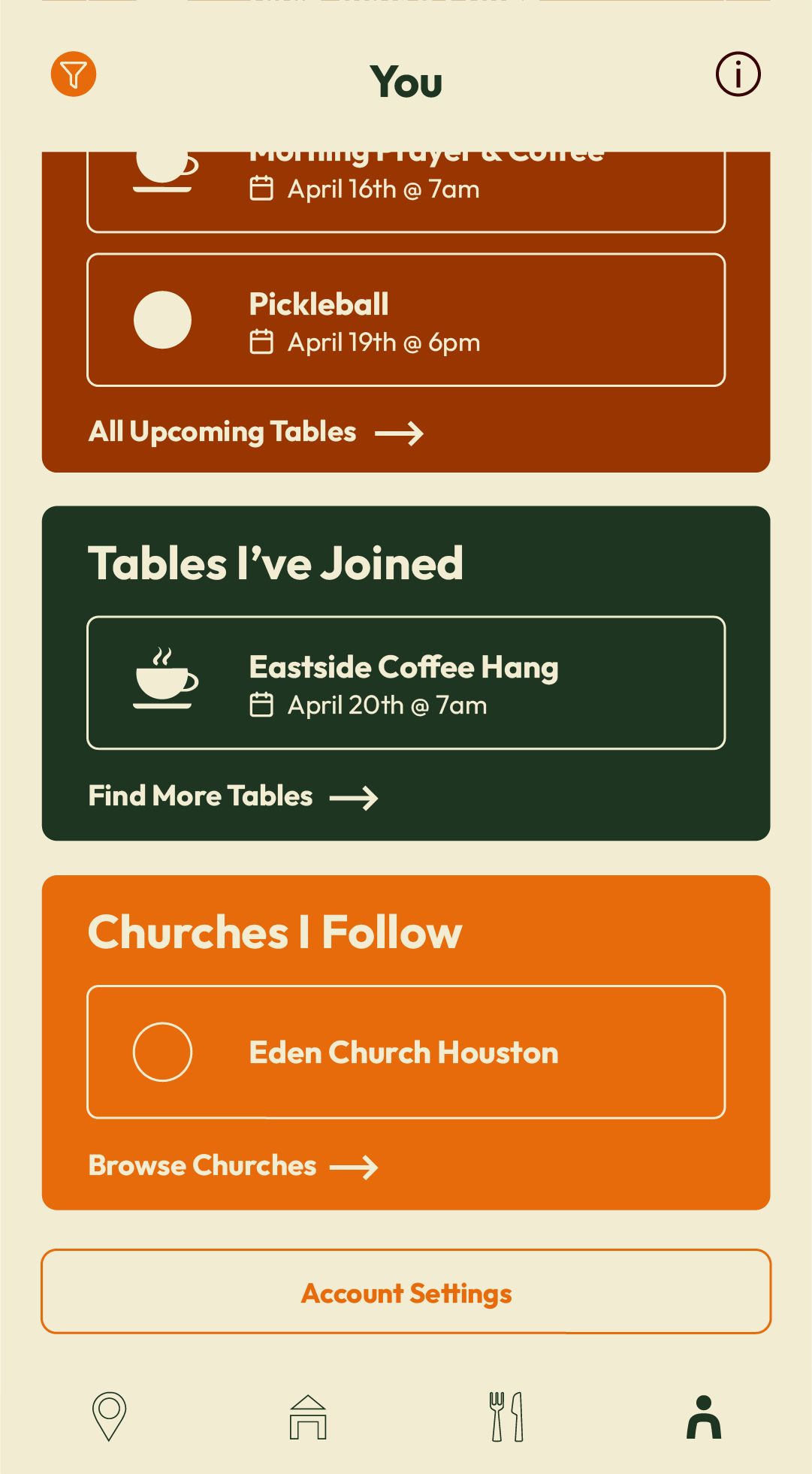 Mobile app screen showing upcoming events such as morning prayer and coffee, and joined tables at a coffee hangout, with options to follow churches and browse churches.