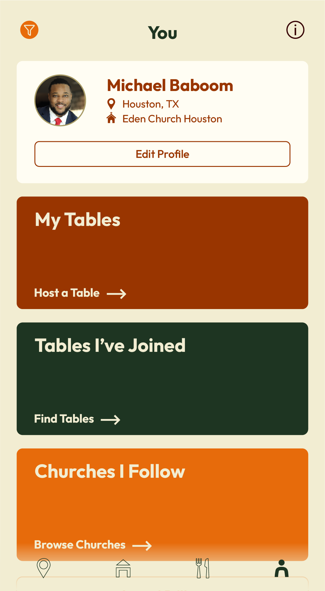 User profile page with name Michael Baboom, located in Houston, TX, affiliated with Eden Church Houston. Contains options for managing tables and churches to follow, with icons for location, church, and navigation at the bottom.