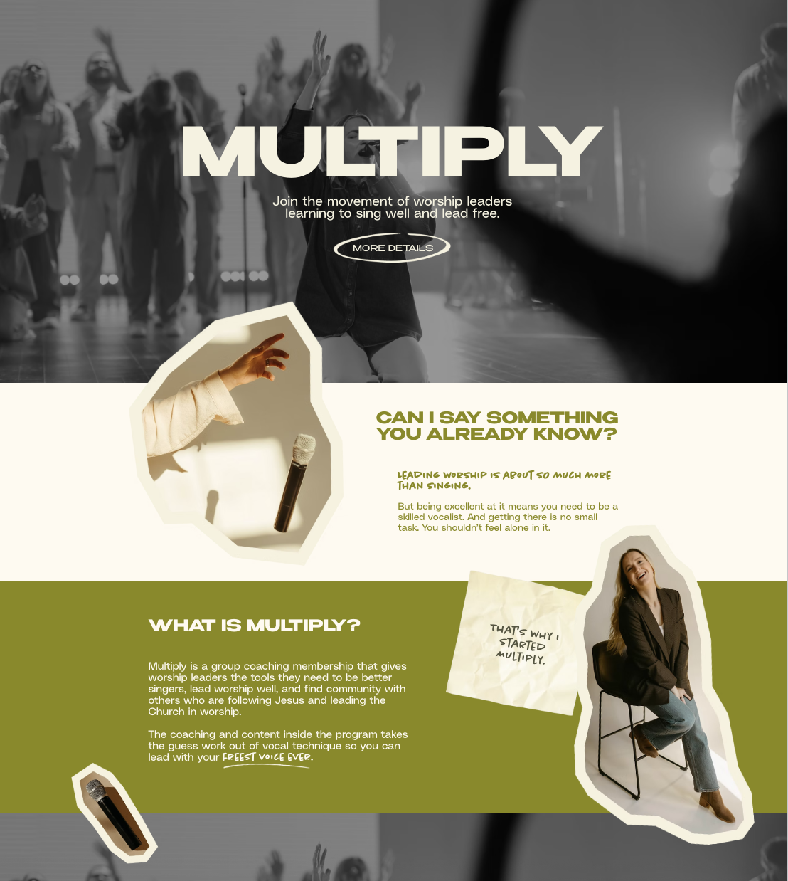 A promotional webpage for a worship leadership program called 'Multiply'. It features a group of people singing and worshiping, with text about leading worship and community building, and images of a microphone and a woman seated and smiling.