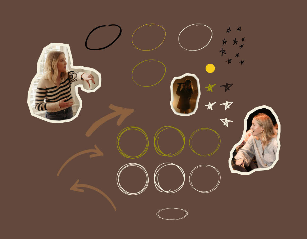 A collage-style visual with photographs of three women and hand-drawn circles and stars on a brown background. One woman is speaking and gesturing, another is drinking from a bottle, and the third is smiling.