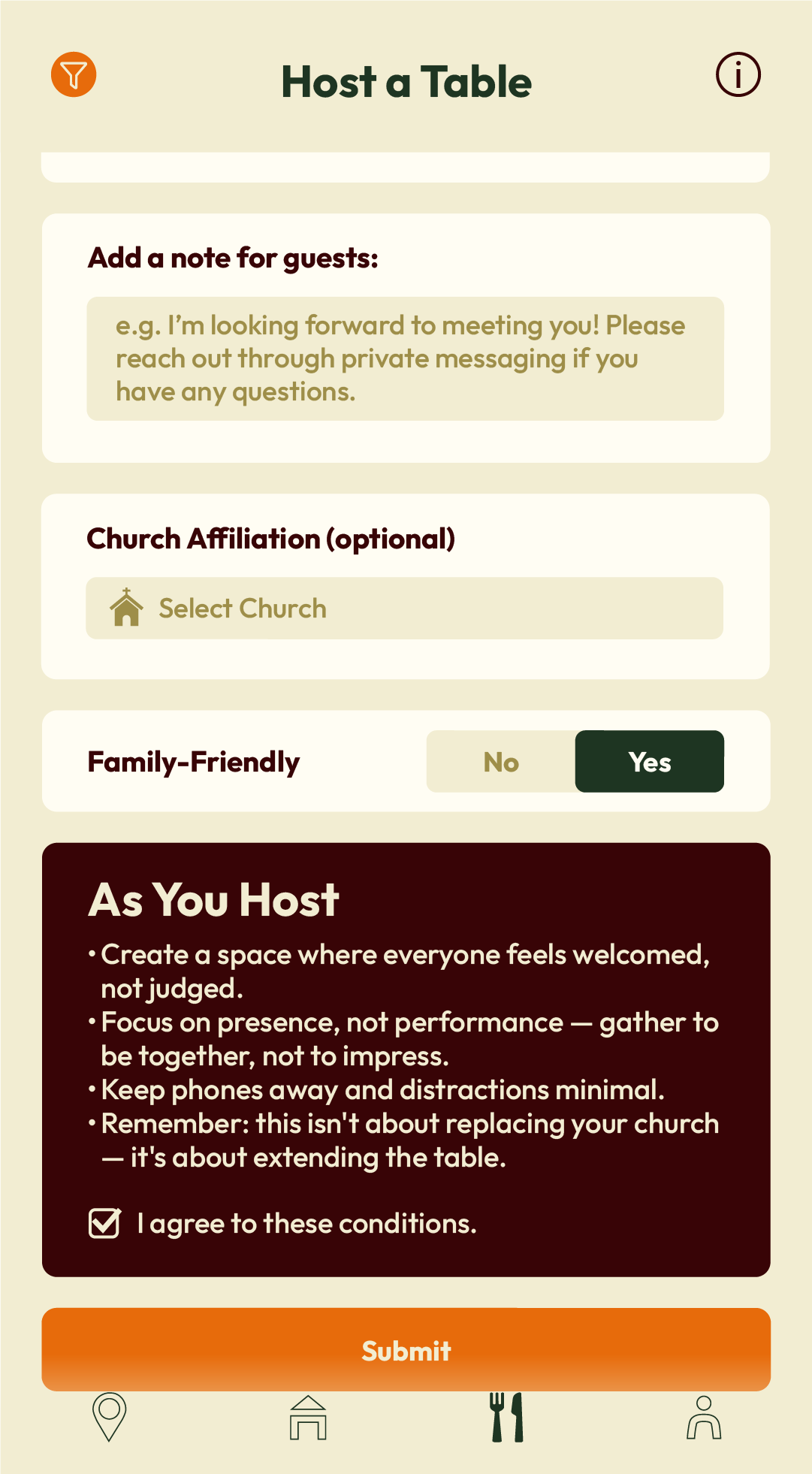 Screenshot of a church hosting form with sections to add notes for guests, select church affiliation, choose family-friendly options, and a set of guidelines for hosting, along with a submit button at the bottom.