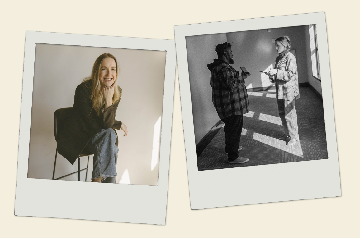 Two polaroid photos, one of a smiling woman sitting on a chair, and the other of two people talking in a room, one holding a phone and the other holding a notebook.