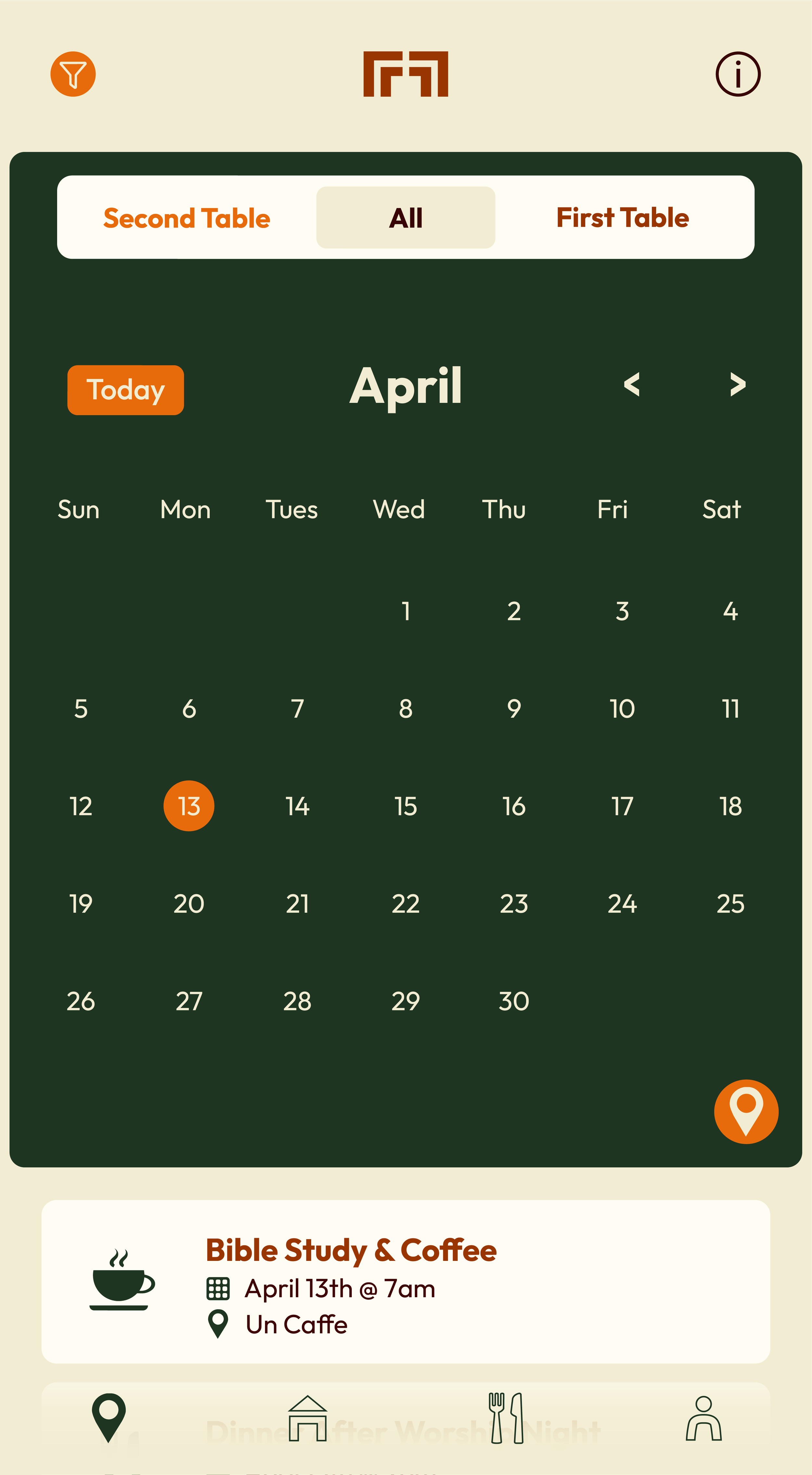 A digital calendar app displaying the month of April with the 13th marked in orange, indicating an event for Bible Study & Coffee on April 13th at 7am at Un Caffè, with event details outlined below the calendar.