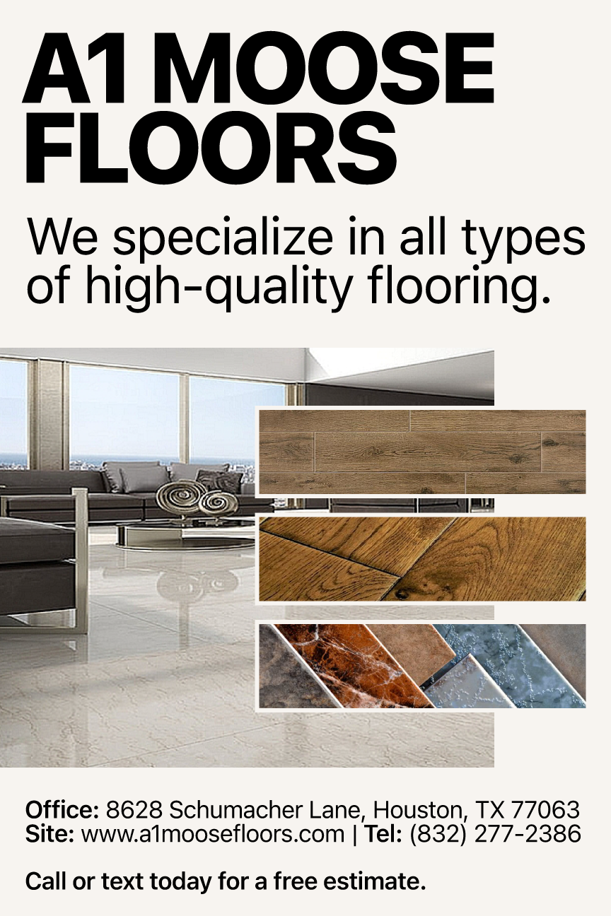 A promotional flyer for A1 Moose Floors showcasing various types of flooring, including wood, tile, and marble. The flyer features a modern living room with high-quality floors and provides contact information for the company.