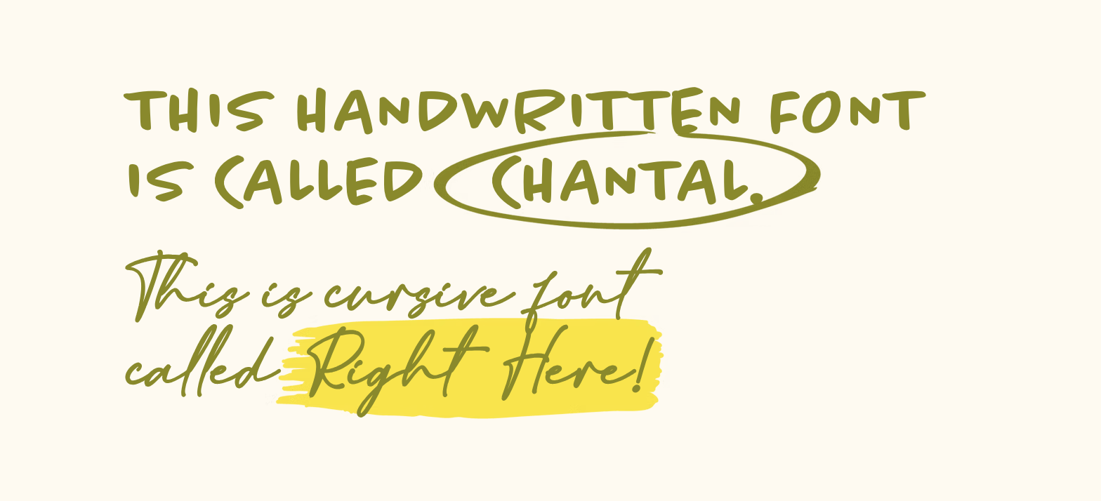 Image showcasing handwritten font styles with text explaining the font's name as Chantail, including cursive and bold styles, with yellow highlighting behind the phrase "Right Here!"