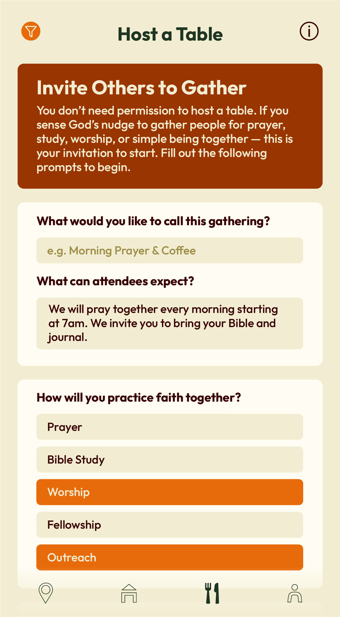 Screenshot of a mobile app interface for hosting a table gathering, with sections for prompts about gathering name, attendee expectations, and faith practices, featuring orange and beige color scheme and icons at the bottom.