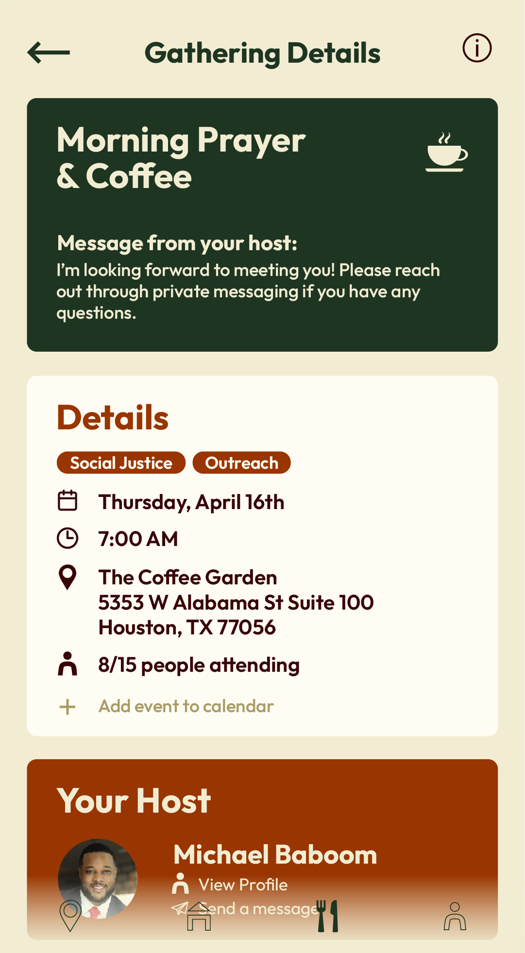 Mobile app screen showing details for a gathering event titled 'Morning Prayer & Coffee' including date, time, location, and attendance, with host info and navigation icons.