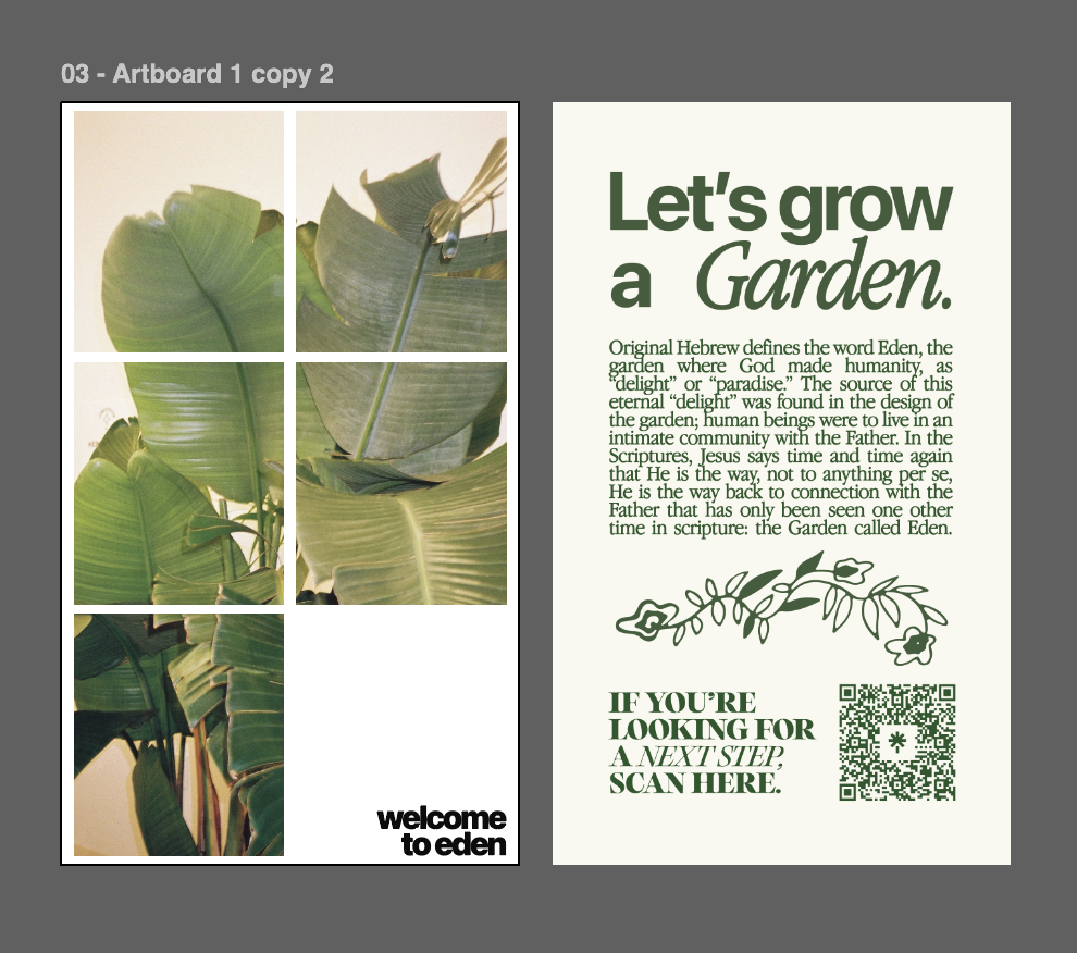 Divided image with a photo of green banana leaves on the left and informational text about gardening and the Garden of Eden on the right, featuring a QR code at the bottom.