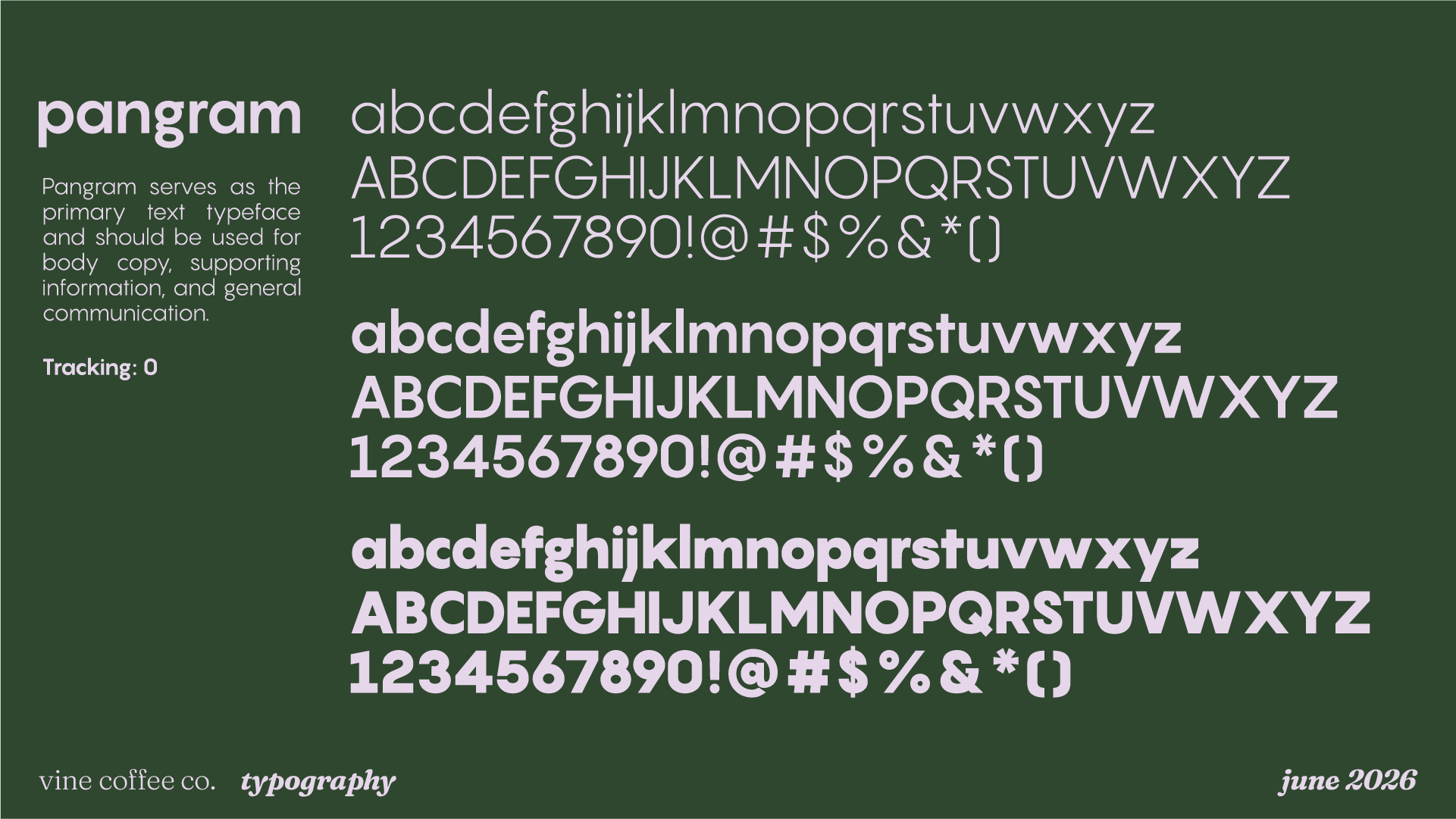 A graphic showing the 'Pangram' font family in lowercase and uppercase, numerals, and special characters on a dark green background with white and purple text. It includes descriptive text about the font and tracking information, along with the words