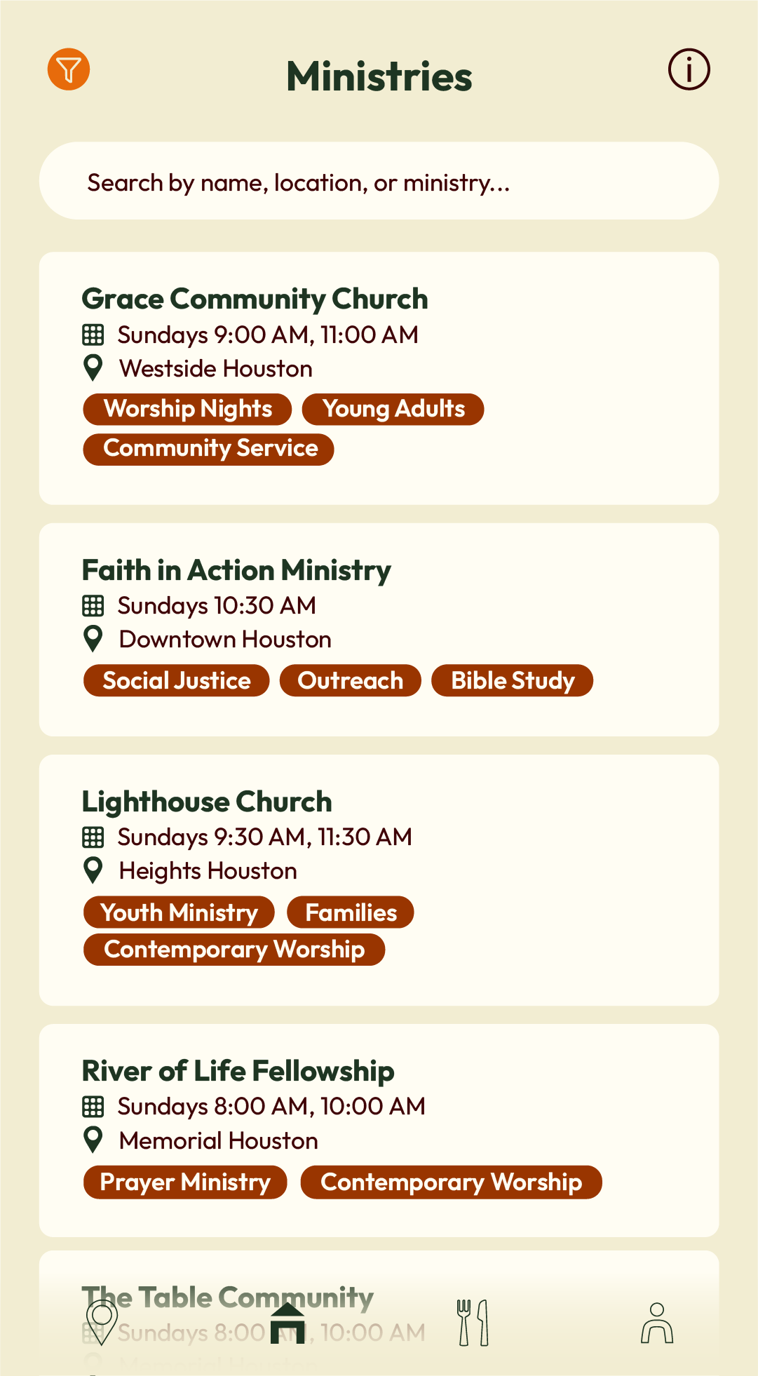 List of church ministries including details such as names, service times, locations, and activities.