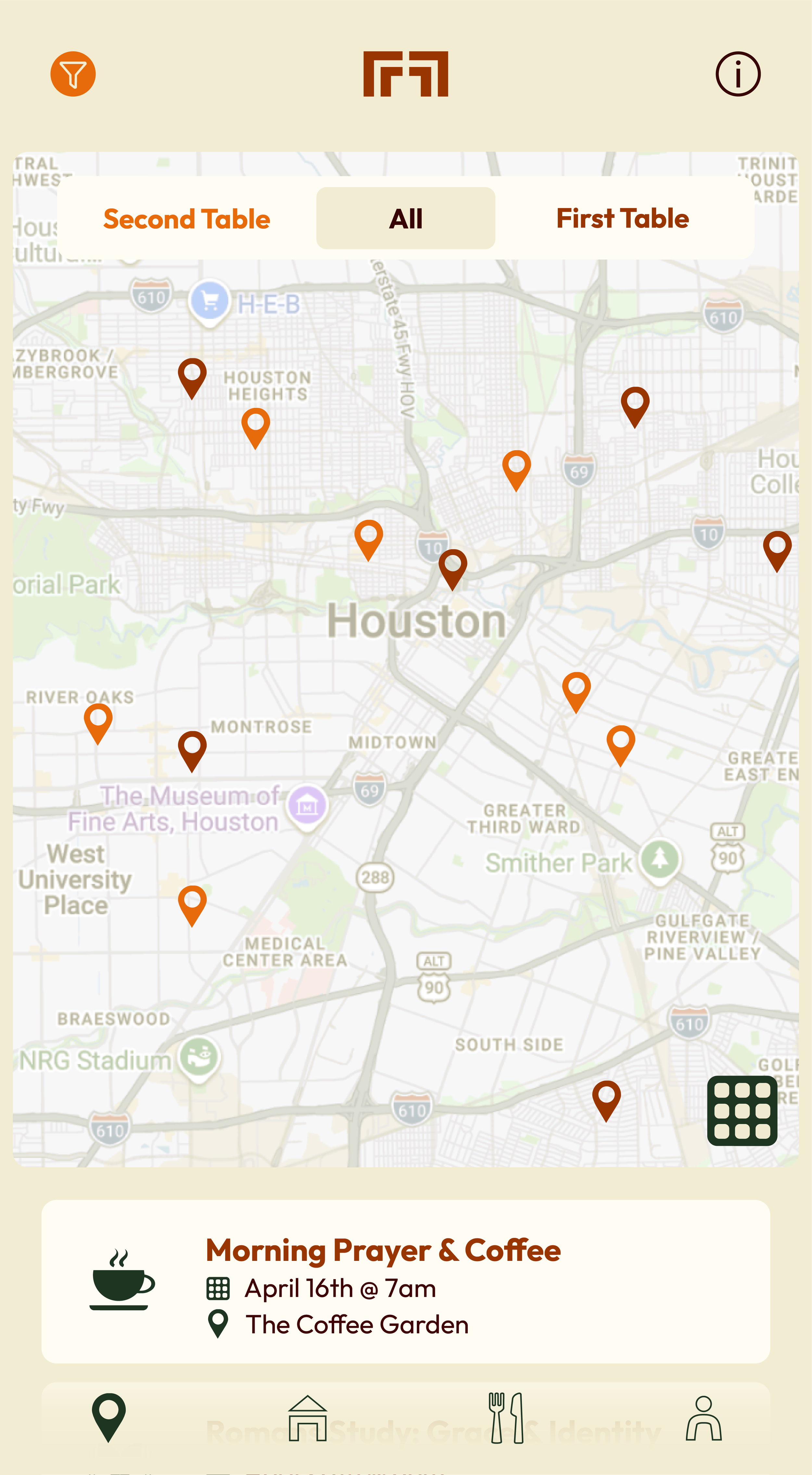 Map of Houston with orange pins marking locations and a highlighted event for Morning Prayer & Coffee at The Coffee Garden on April 16th at 7am.