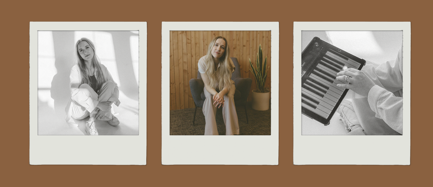 Three Polaroid-style photographs on a brown background. The first photo is in black and white, featuring a young woman sitting on the floor with her knees up. The second photo in color shows the same woman sitting in a gray chair with a wooden wall b