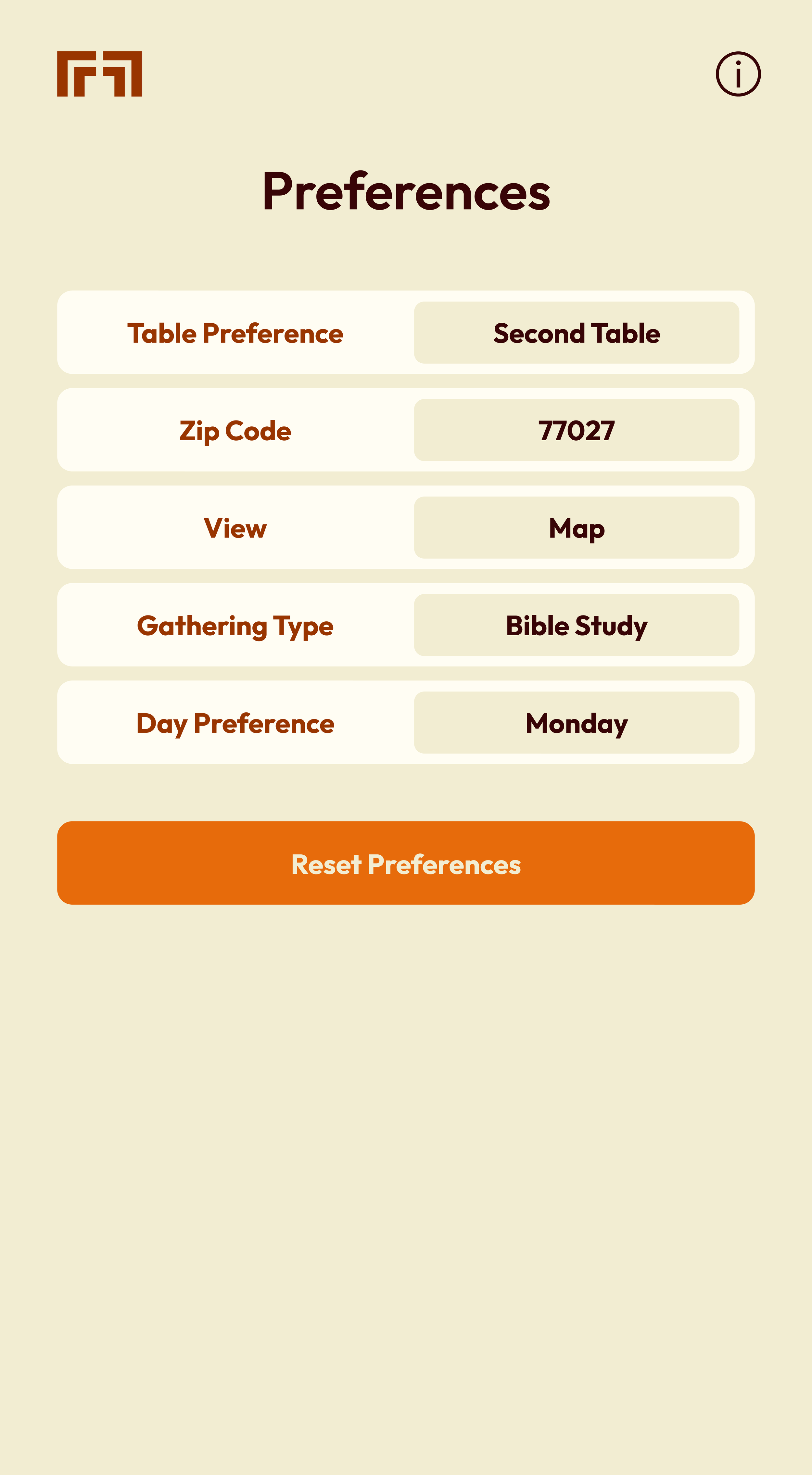A mobile app screen displaying user preferences for a gathering, including table choice, zip code, view type, gathering type, and day, with a reset button at the bottom.