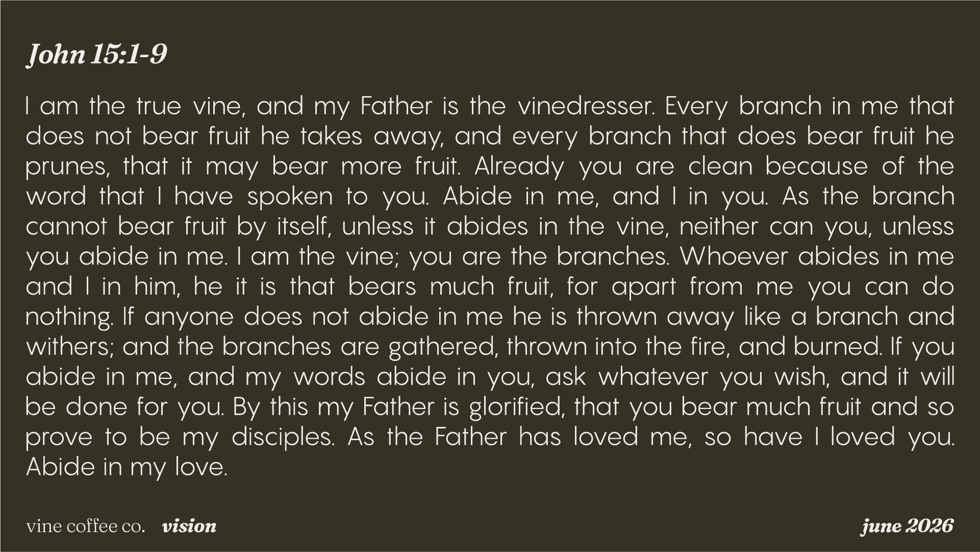 A screenshot of a religious or spiritual text titled John 15:1-9 with a dark background and white text, including the words 'vision' and 'June 2026' at the bottom.