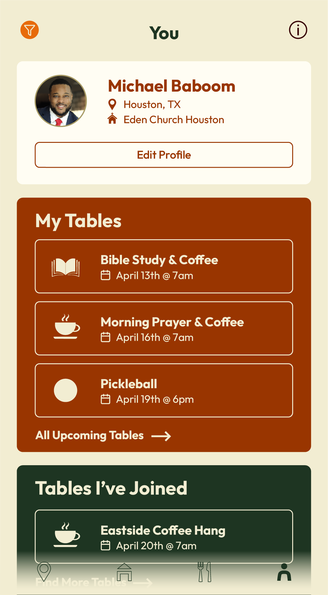 Mobile app screen showing user profile and upcoming tables for church events, including Bible study, prayer meetings, and pickleball, with event dates and times.