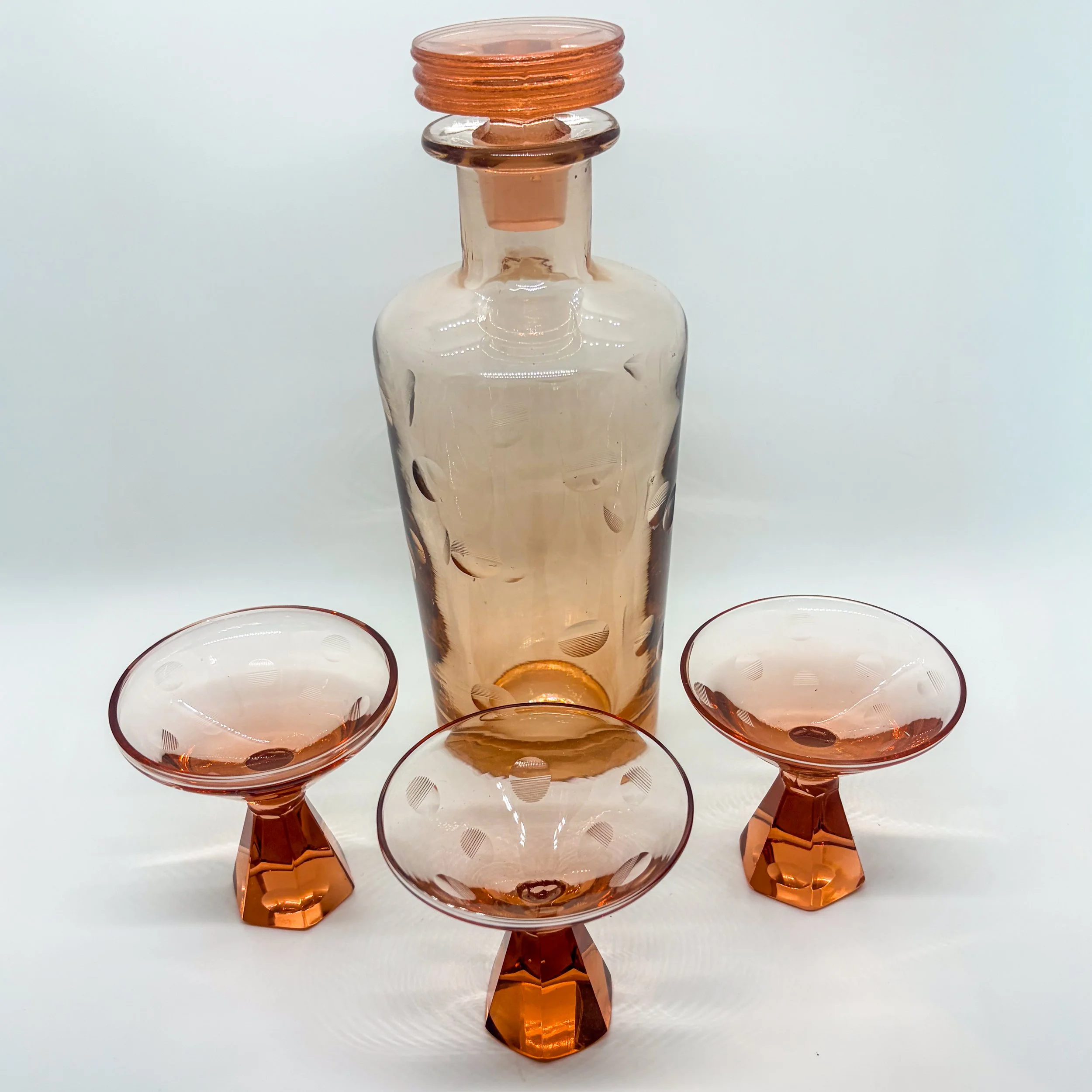 Czech Etched Bohemian Pink Hand-Blown Cocktail Set, Decanter & 3 Coupe Glasses
