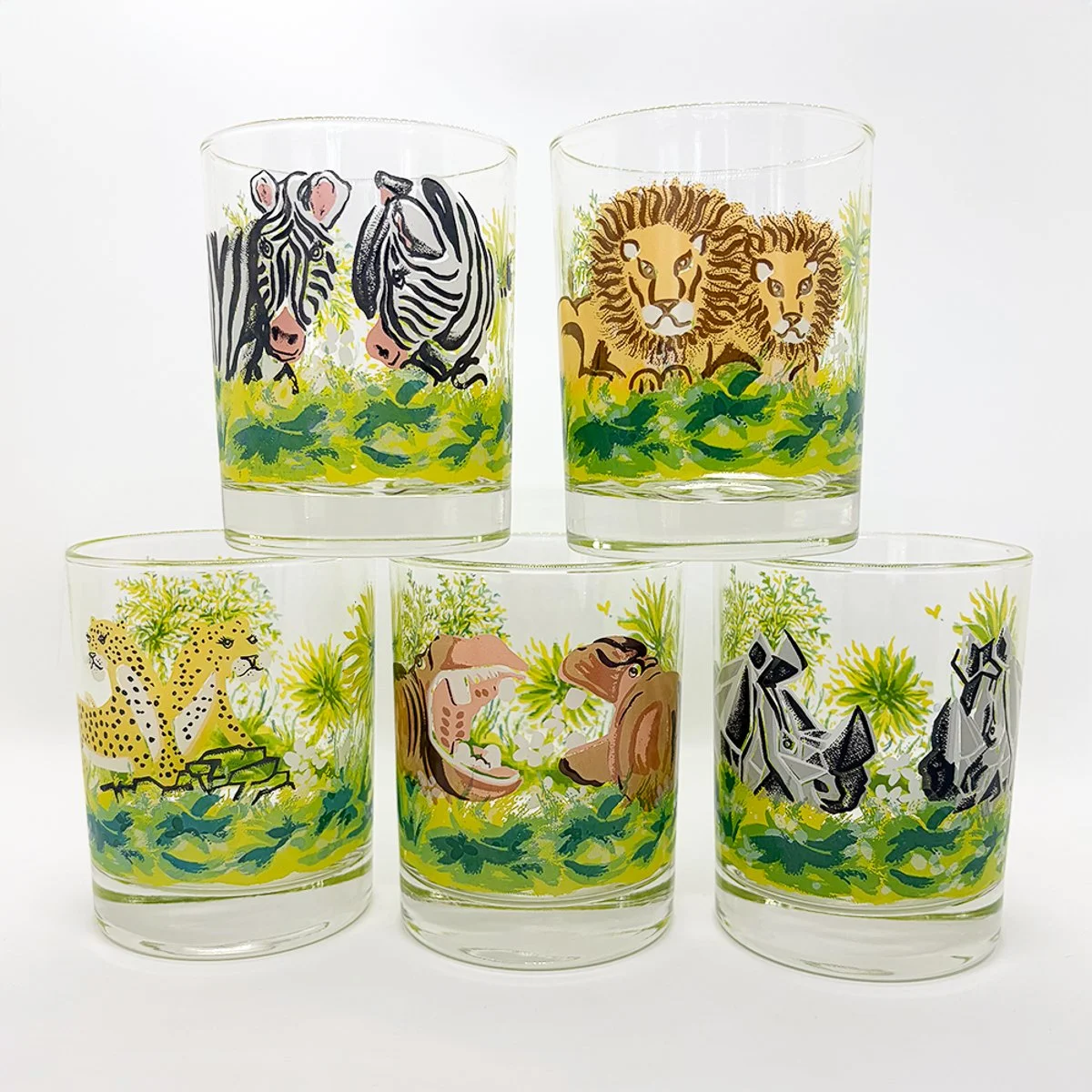 RARE Dorothy Thorpe Safari Animal Rocks Glasses, Hand-Painted Mid-Century Barware, set of 5