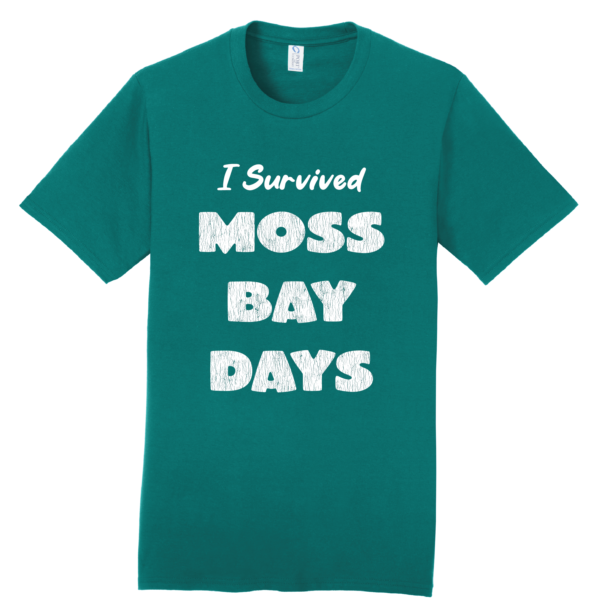 A cotton t-shirt with text that reads "I survived Moss Bay Days".
