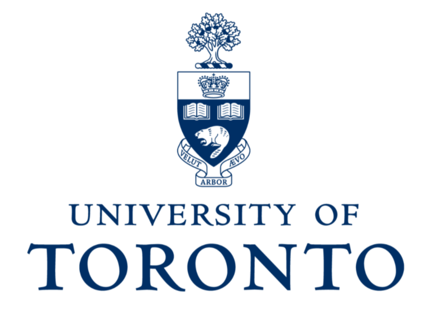 The official emblem of the University of Toronto featuring a shield with a crown, open books, and a raccoon, with a banner reading 'Velut Arbor'. Below the emblem, the university's name is displayed in bold blue letters.