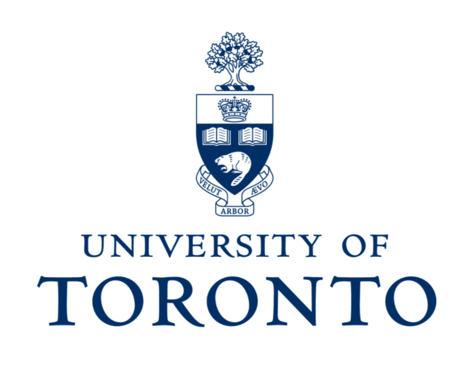 University of Toronto emblem with a shield featuring a crown, open books, and a beaver, with a tree above, and the motto 'Velut Arbor' below, and the university name below the emblem.