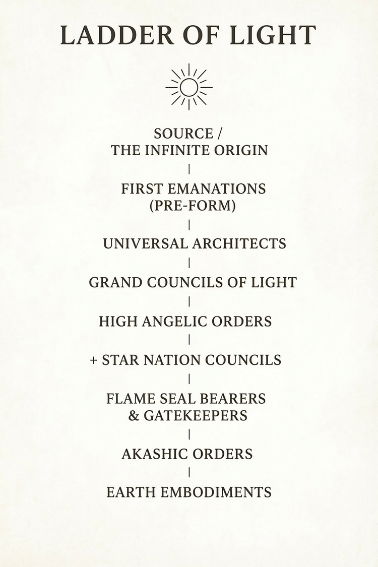 Diagram titled "Ladder of Light" depicting a spiritual hierarchy, starting from the source at the top and descending through various levels including first emanations, universal architects, grand councils of light, high angelic orders, star nation councils, flame seal bearers and gatekeepers, akashic orders, to earth embodiments, with a small sun-like symbol above.