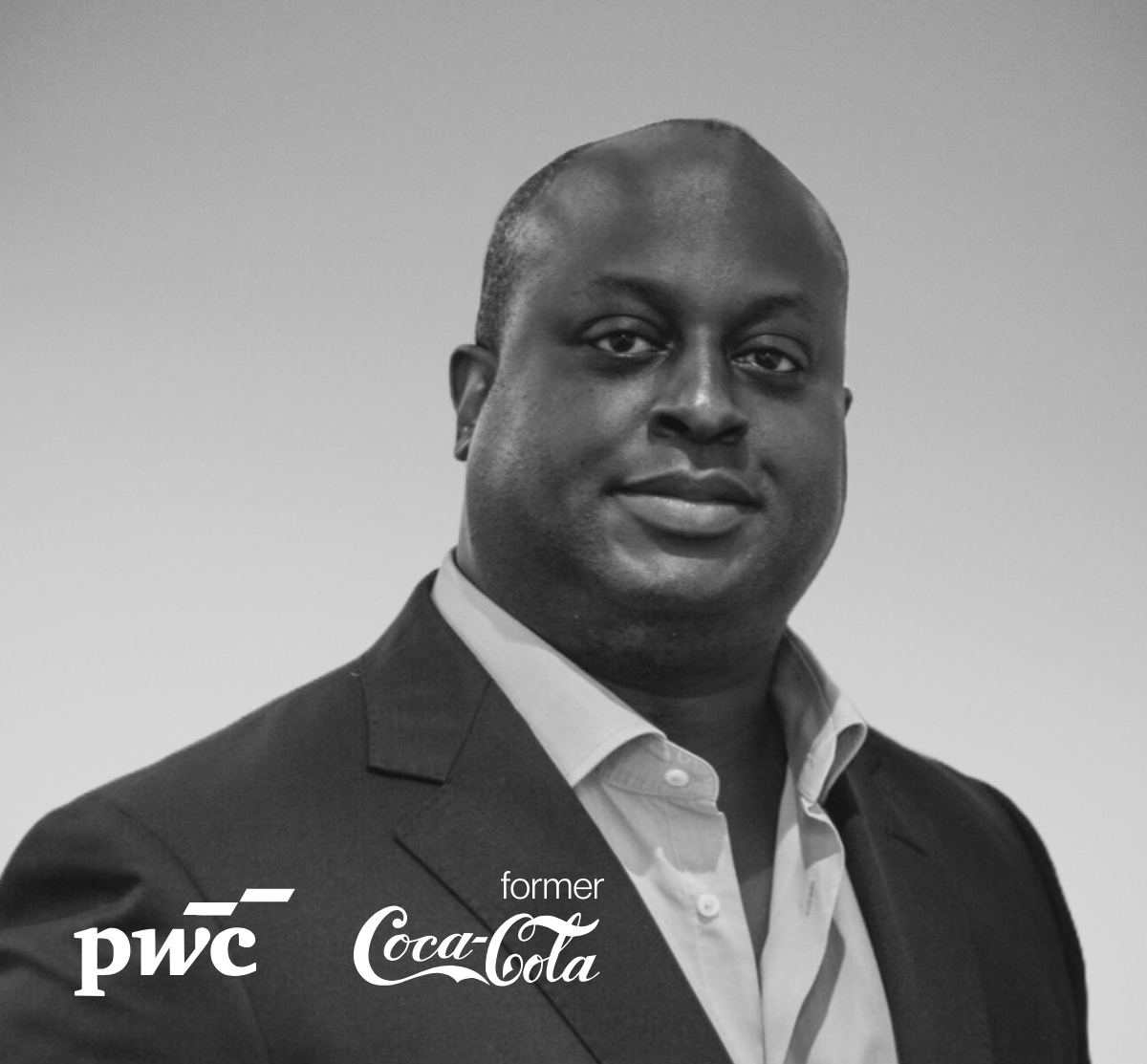 Black and white portrait of a man in a suit, with logos of PwC and Coca-Cola at the bottom left, indicating he is a former employee.