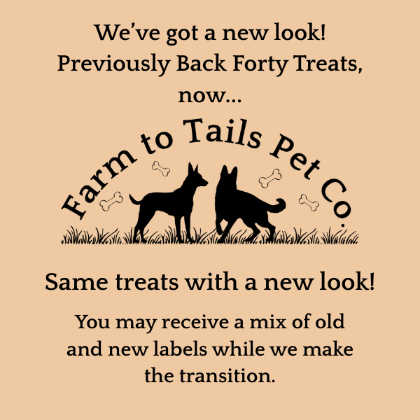 Announcement poster for Farm to Tails Pet Co, displaying new branding with a dog and a cat silhouette, surrounded by paw prints and dog bones, on a beige background.