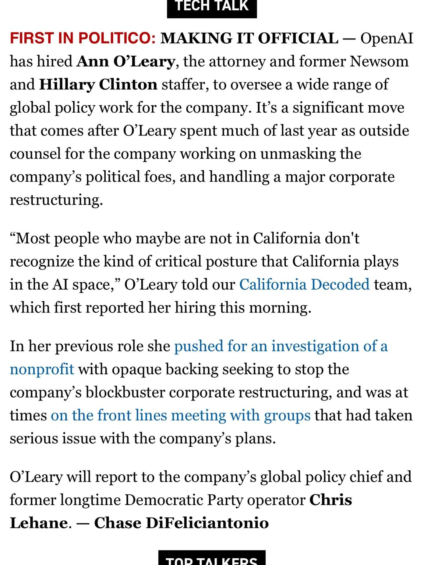As a mom and child well-being advocate, I&rsquo;m encouraged to see OpenAI leveraging the considerable talent and wisdom of @annmoleary. I worked with Ann on the Too Small To Fail initiative and again in state service for CA.  She&rsquo;s the real de