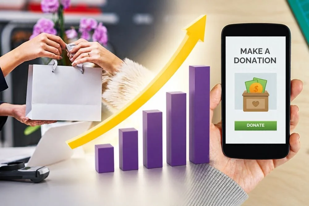 Retail shopping bag and mobile donation screen with a rising bar chart showing year-end growth