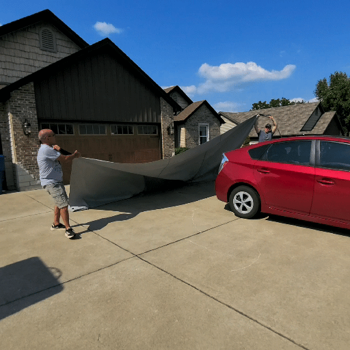 Two boys are setting up a large gray tent or canopy on a driveway in front of a suburban house with a garage. A red car is parked nearby. The sky is clear with some clouds.