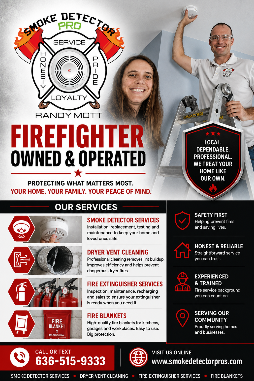 Poster advertising a local firefighter owned and operated smoke detection and fire safety service. Features a smiling woman and a man with a ladder, fire service emblem, and varied service offerings such as smoke detector installation, dryer vent cleaning, and fire extinguisher services.