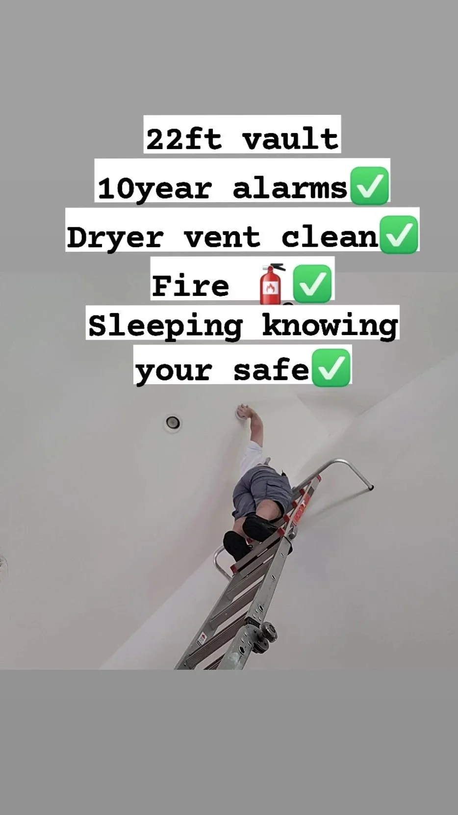 Service Technician with an Smoke Alarm company climbing a ladder reaching the ceiling of a room with a smoke detector, with text overlay listing safety features and notes about home fire safety.