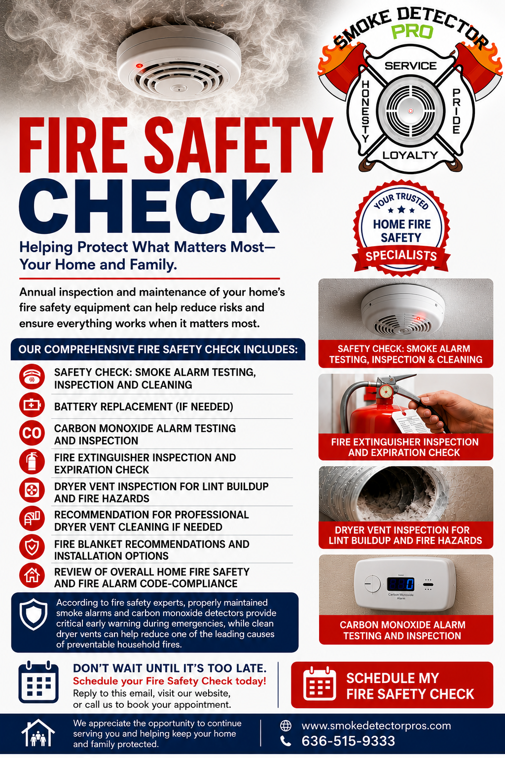 A fire safety checklist poster featuring a smoke detector, fire extinguisher, dryer vent, and carbon monoxide alarm, with text describing inspection steps and safety tips.