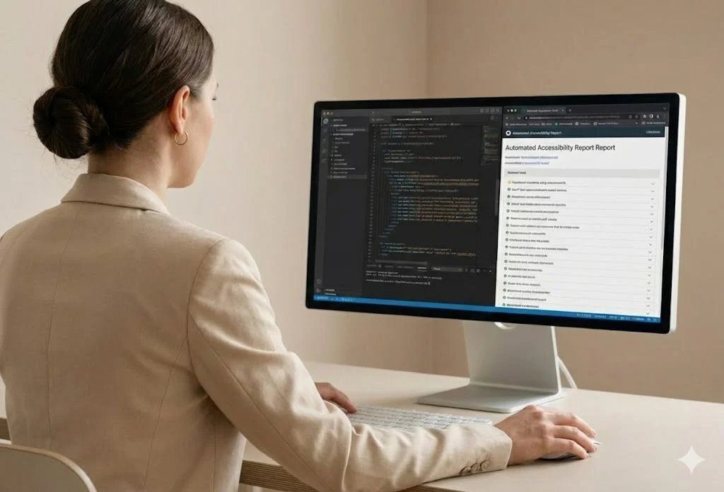 A lady facing a computer screen and conducting automated code inspection for accessibility