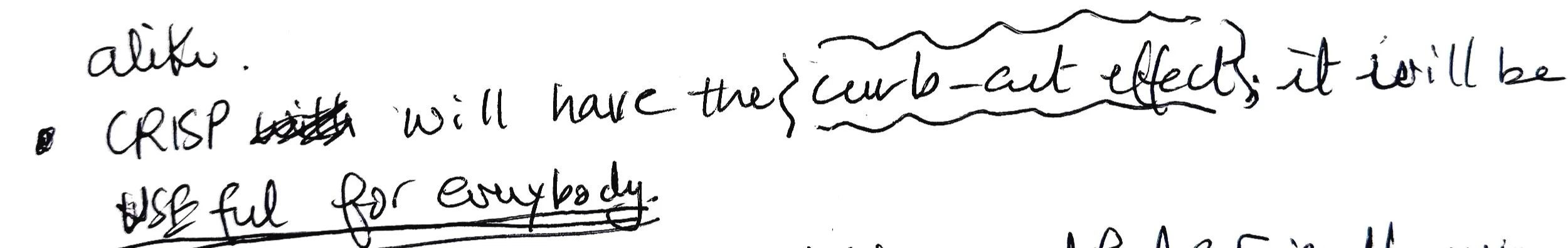 snippet of handwritten notes labeled 'Artifact 2.1' referencing the 'curb-cut effect,' articulating the vision that by designing CRISP for the specific needs of seniors, the resulting experience will be useful for everyone.