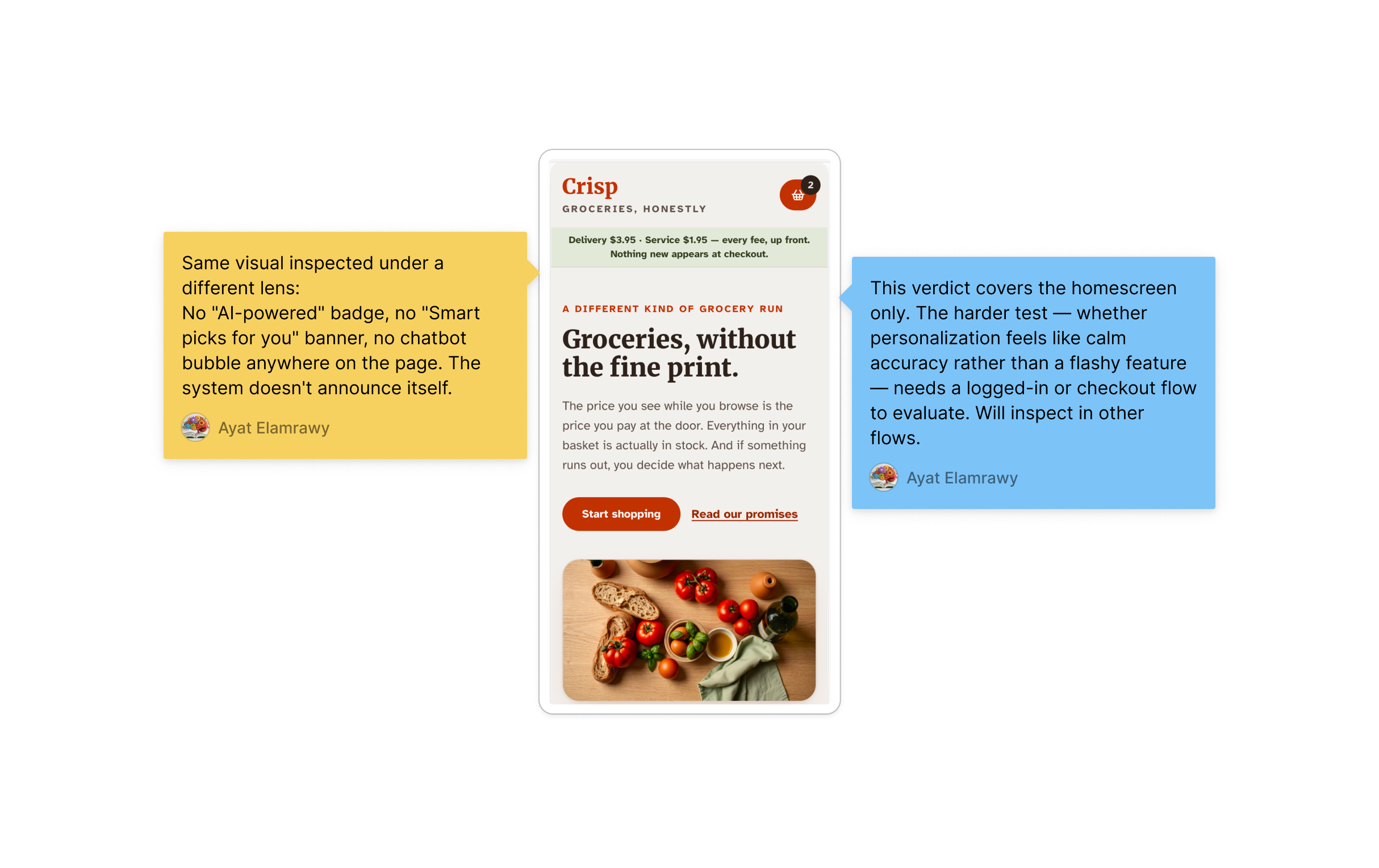 Crisp homepage header and hero section, showing the logo, delivery fee banner, and headline 'Groceries, without the fine print' — no AI badge, chatbot, or personalization callout visible anywhere.