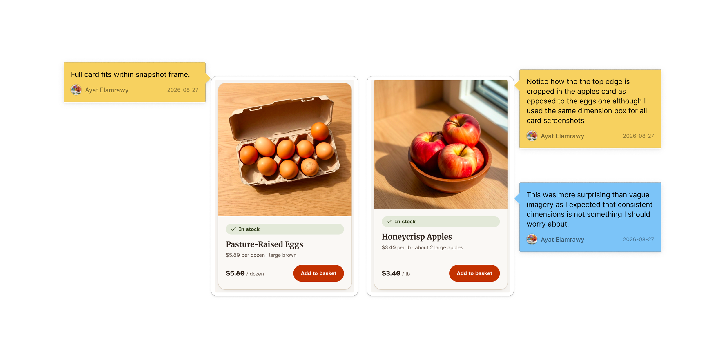 Product cards with sticky notes: eggs card fits snapshot frame fully, apples card is cropped at top despite using the same dimension box — showing inconsistent card heights. Blue note reflects on the surprise of this measurement issue.