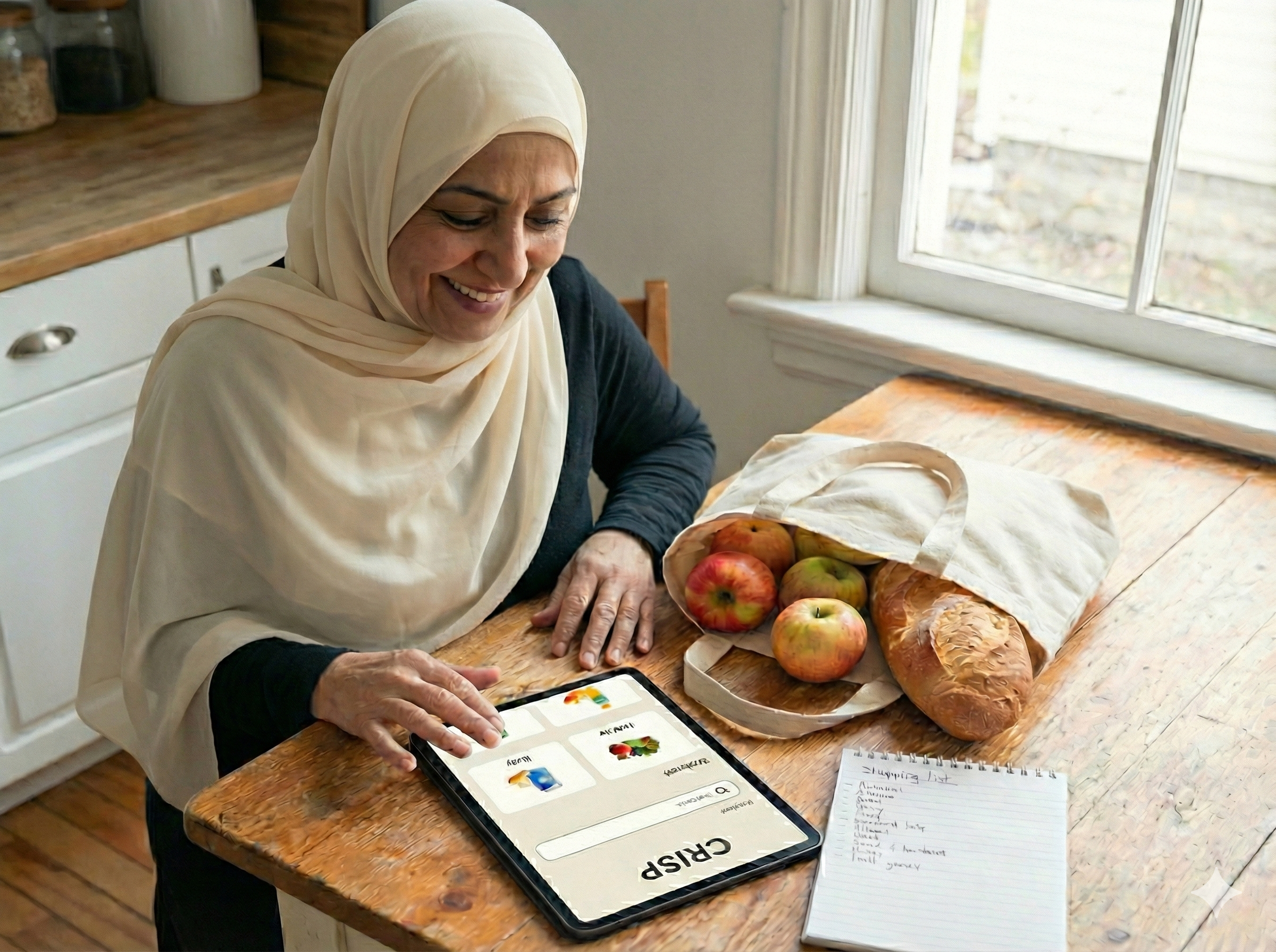 Image of an elderly hijabi lady using the CRISP app on her kitchen table, looking pleased and confident