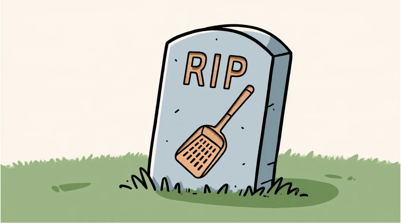 Cartoon illustration of a gray tombstone in grass, engraved with a slotted cat litter scoop and the word RIP