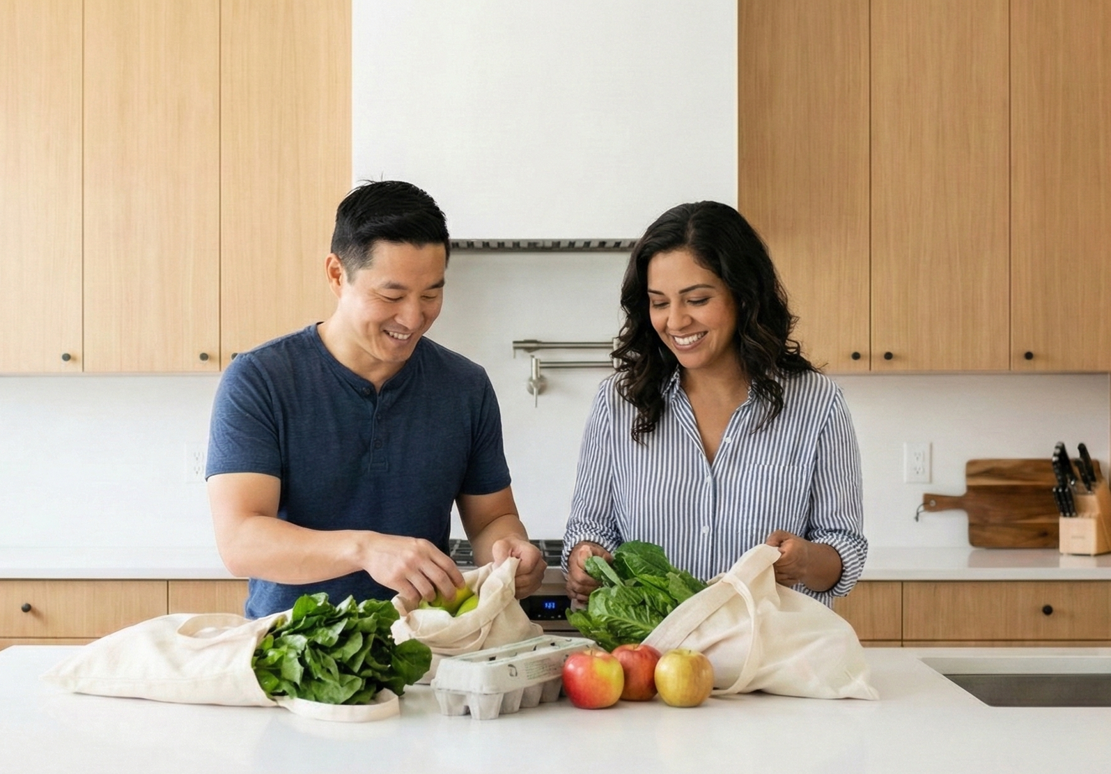 A couple unpacking groceries on their kitchen island, looking satisfied and smiling