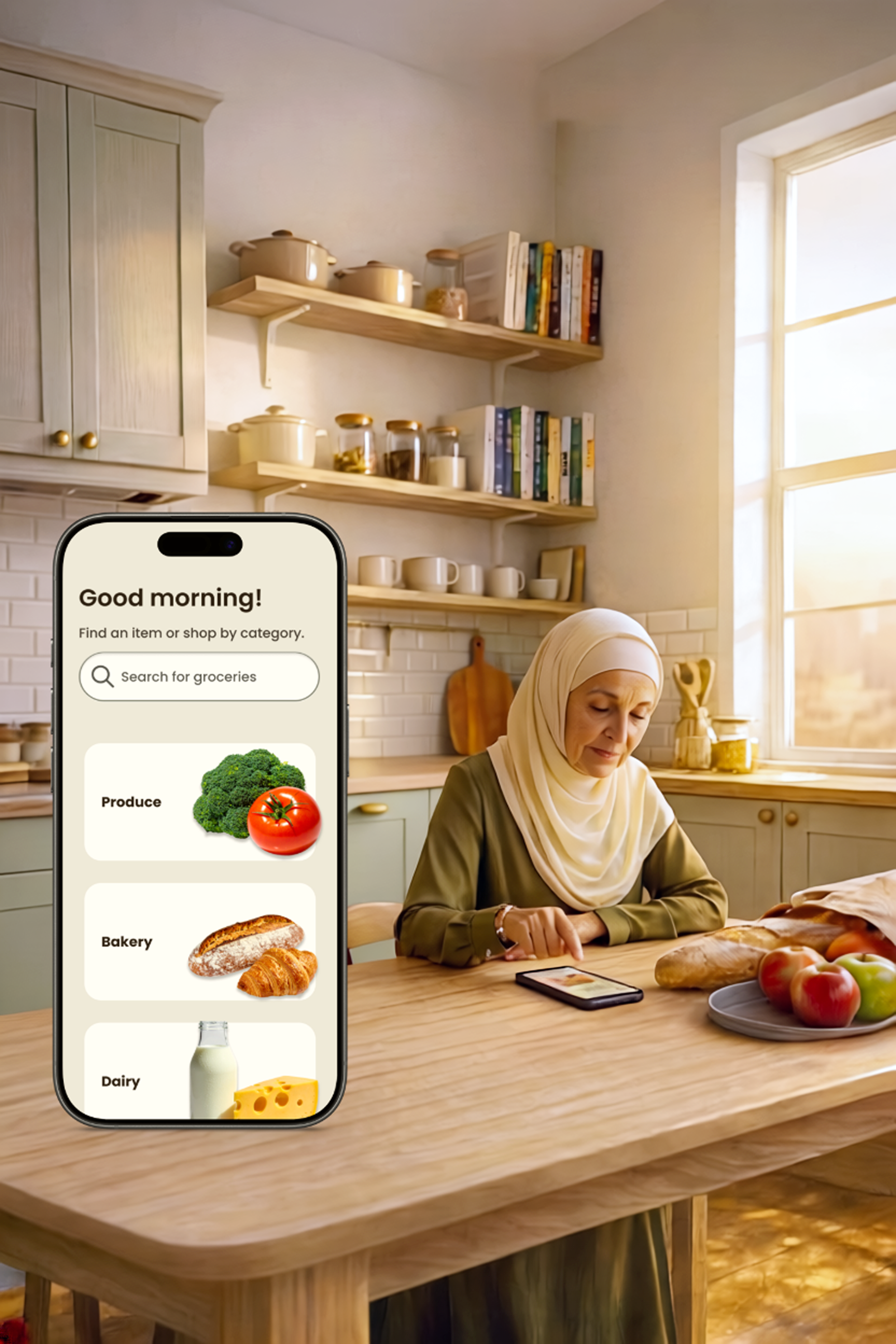 A senior woman in a hijab sits at a sunlit kitchen table using a smartphone to order groceries. In the foreground, a mobile mockup displays the CRISP app’s high-contrast home screen, featuring large, accessible category buttons and a clear search bar