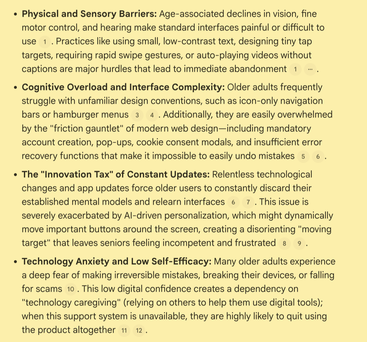 A digital artifact labeled 'Artifact 2.1' showing aggregated research findings on usability barriers for older adults, including physical/sensory declines, cognitive overload, and anxiety over technological updates.