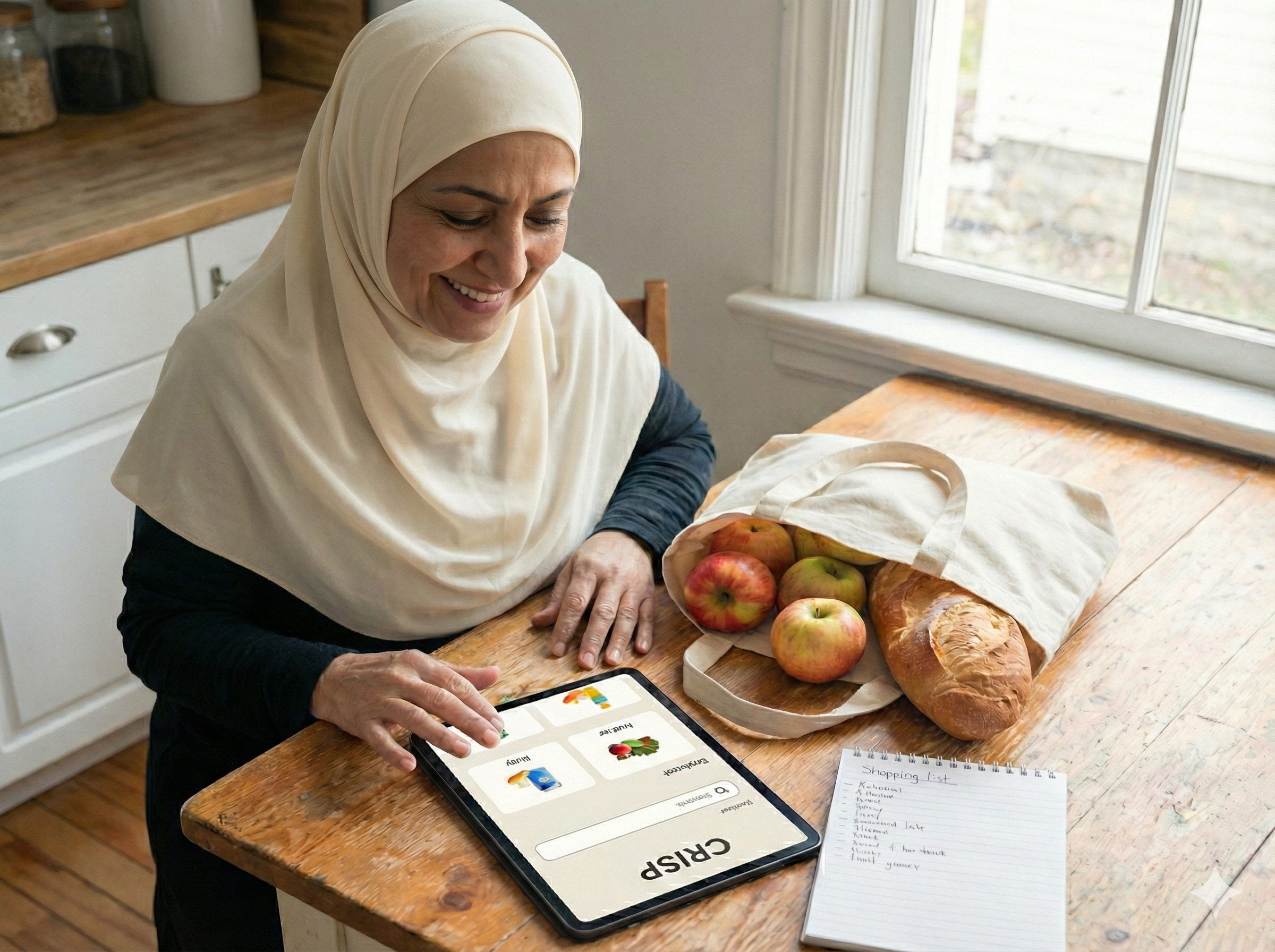 An older hijabi lady sitting at her kitchen table and using the CRISP app on her tablet. She looks pleased and confident.