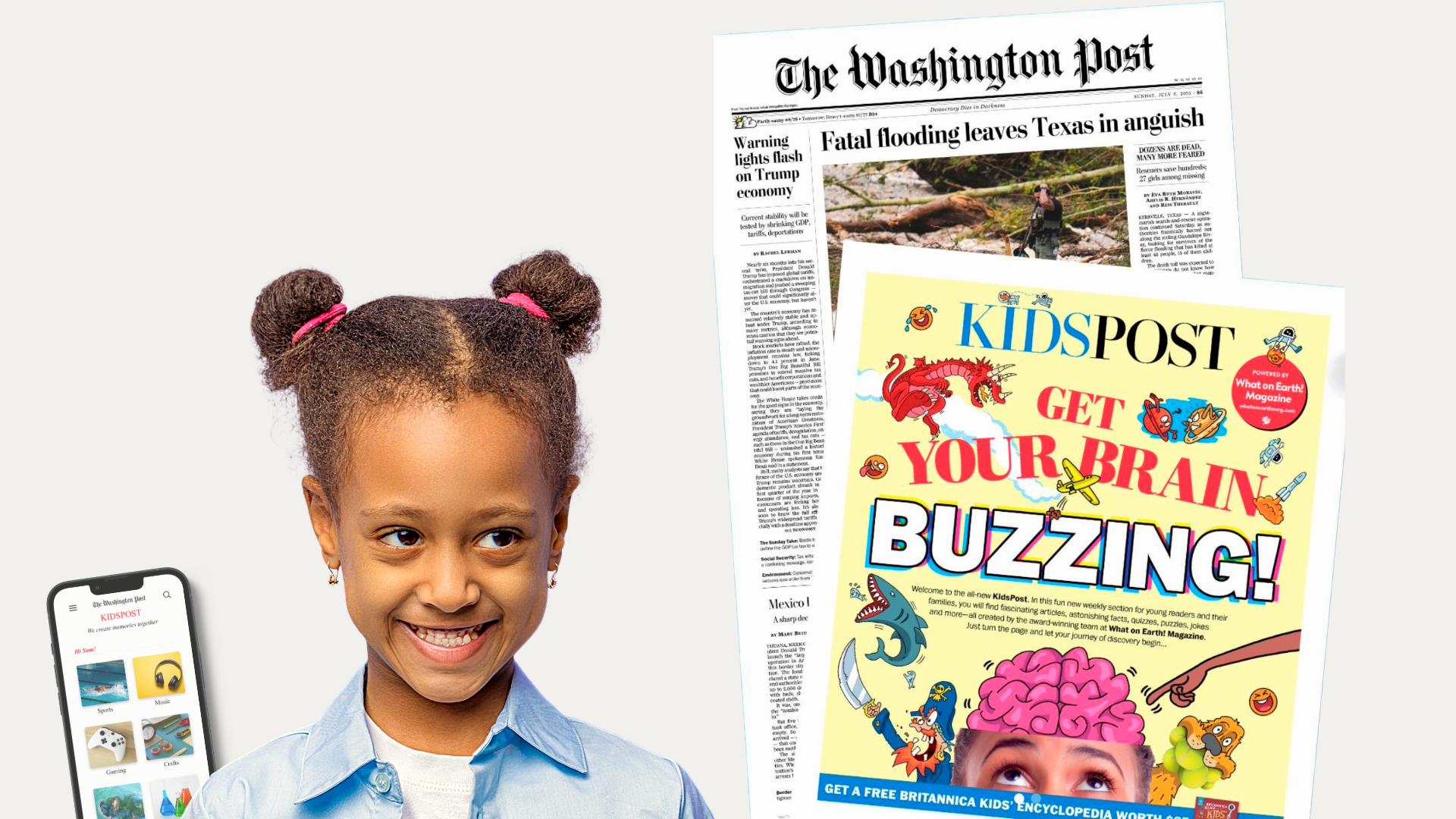 An image showing the young girl from the hero section looking satisfied between an image of the new KidsPost that resonates with the suggested mobile experience in the case study. A mobile phone showing the suggested digital Kidspost homepage.