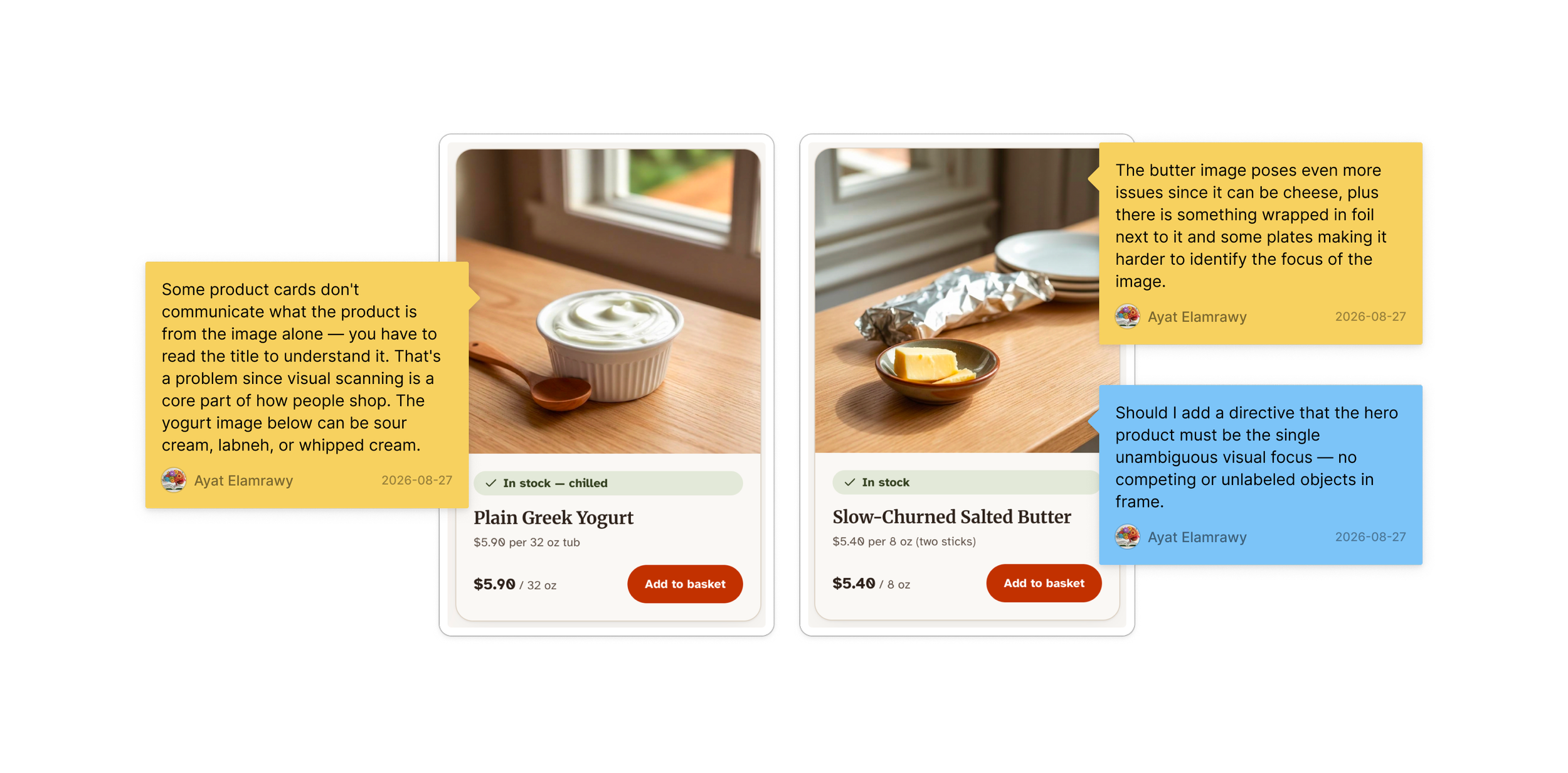 Product cards with sticky-note critiques: yogurt image ambiguous with similar foods; butter image has competing objects (foil, plates). Blue note reflects on requiring a single clear visual focus.