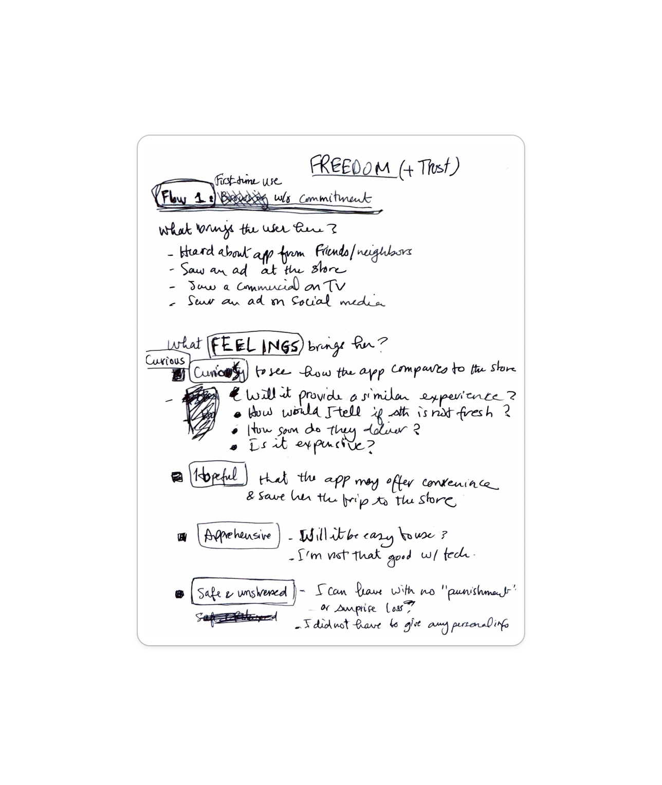 Handwritten notes on paper exploring the themes of freedom and trust, including thoughts on user experience, feelings, curiosity, helpfulness, and design considerations for an app.