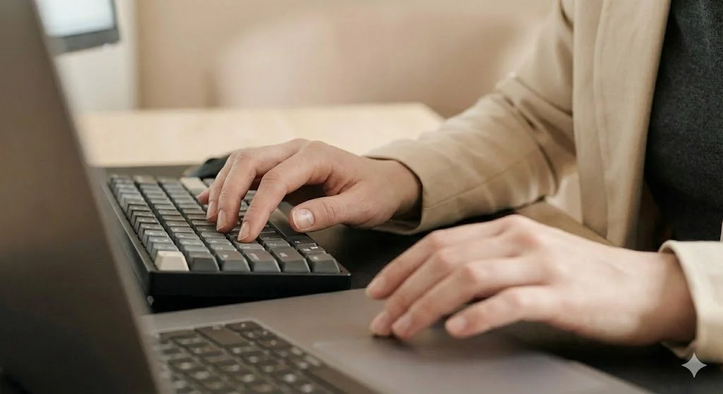 Female hands tapping on computer keyboard